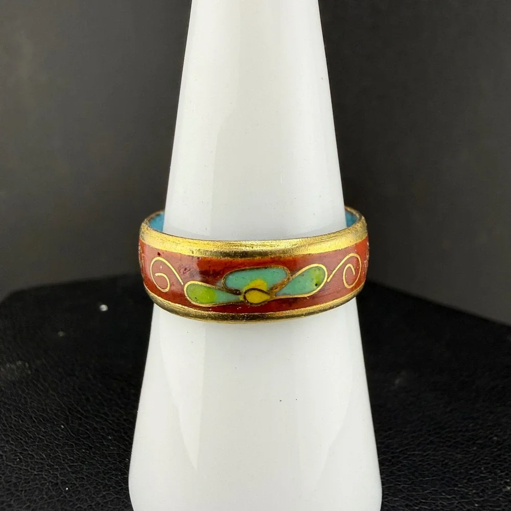 Vintage Cloisonne Enamel Band Ring Red Floral Gold Tone Boho Size 7.25